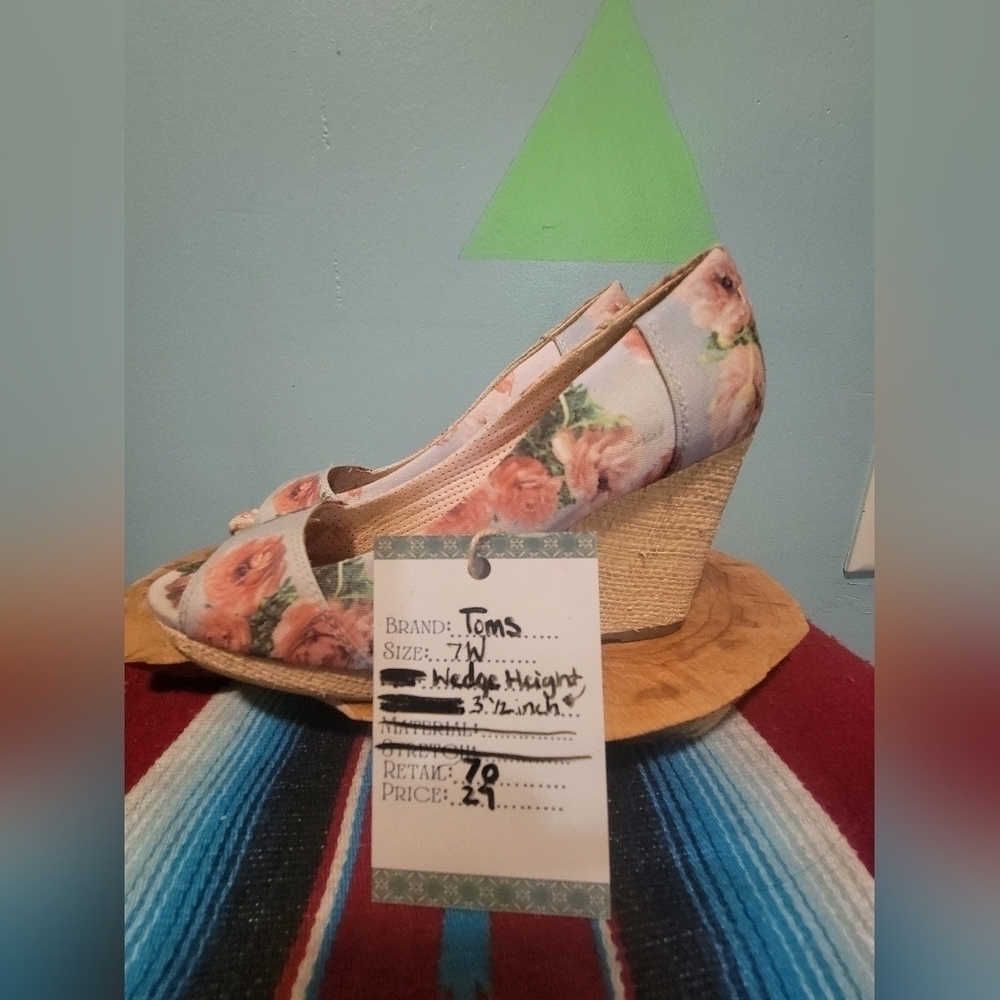 Tom's Women's Stella Floral Print Open Toe Wedge Pump Shoes Size 7W